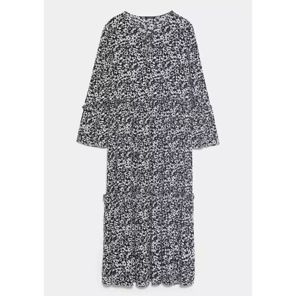 Zara white‎ black midi ruffle floral dresss size medium boho relaxed fit flowy - Picture 3 of 9